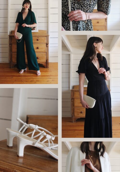 Images of a woman in various outfits and a closeup of some white heels.