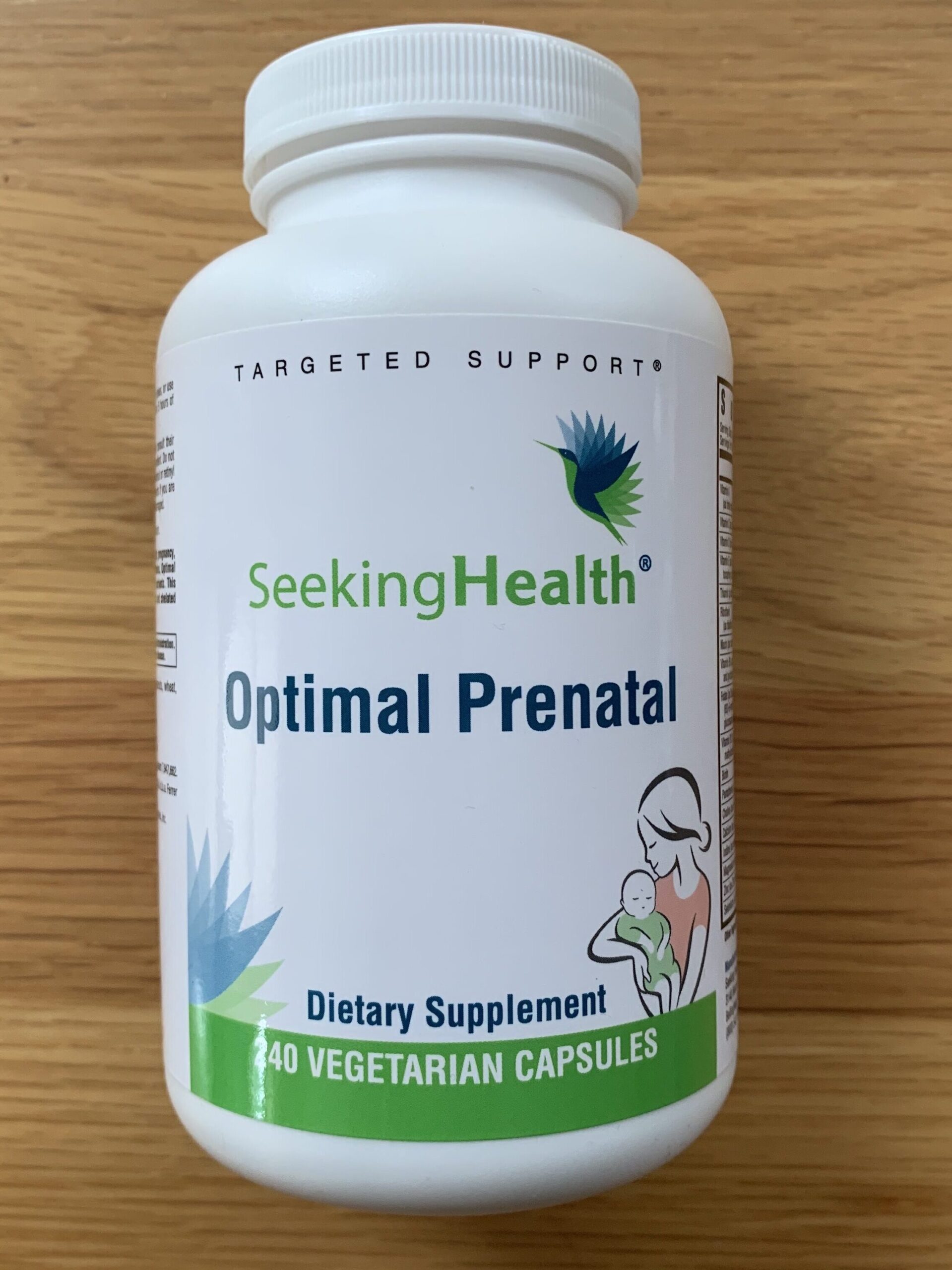 Close up of a bottle of Seeking Health Prenatals.