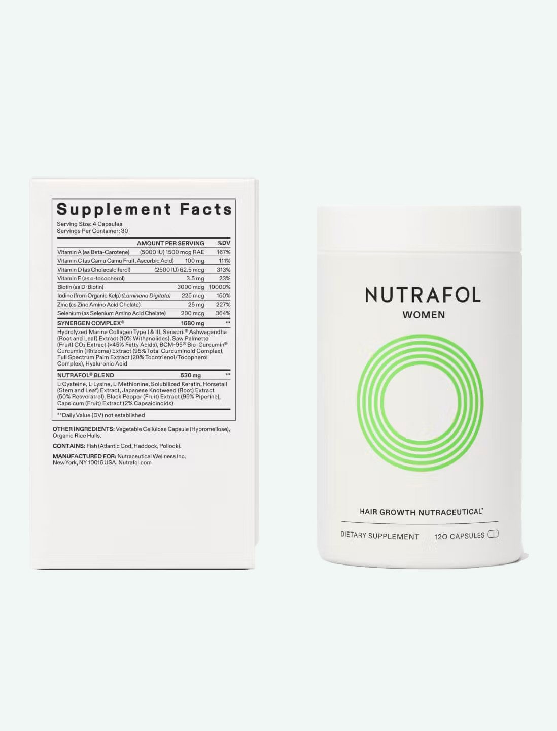 The label and the jar of the Nutrafol supplements.