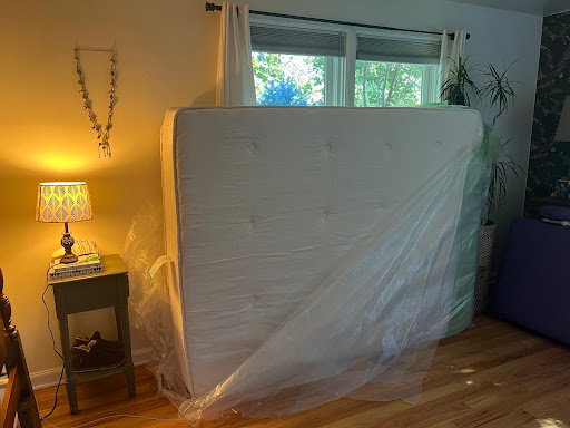 A new mattress with plastic wrap, set up in a bedroom on it's side. 