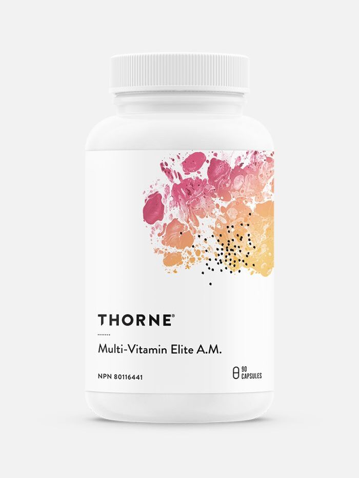 A bottle of Thorne Multi-Vitamin Elite A.M. 