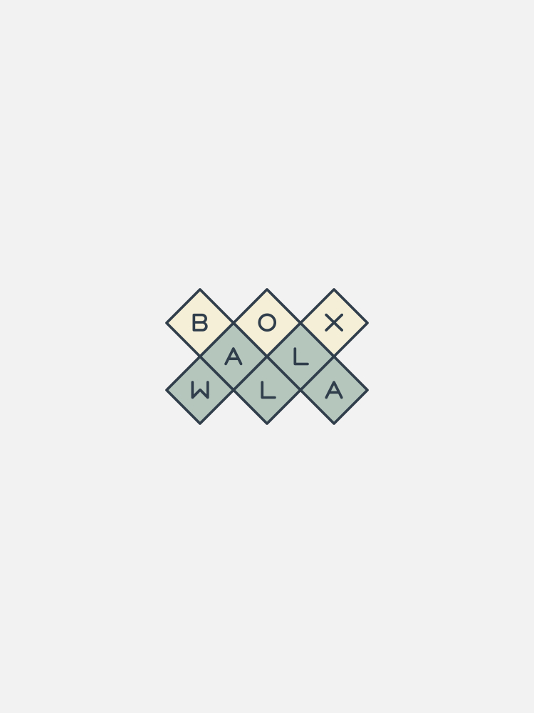 A logo consisting of the words "BOXWALLA" in diamond-shaped tiles arranged in a grid pattern, with each letter in a separate tile. The tiles are in shades of beige, cream, and blue.