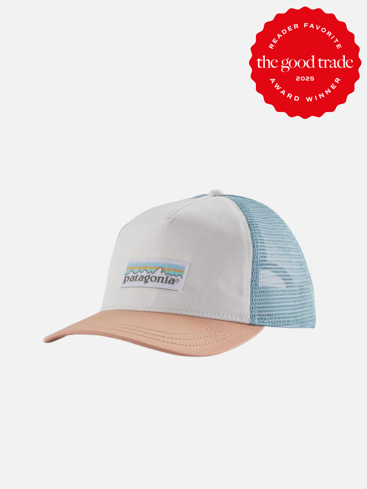 White and blue mesh trucker hat with a brown brim and "Patagonia" logo. Awarded "FashionGroomSpot Reader Favorite 2025" badge in red.