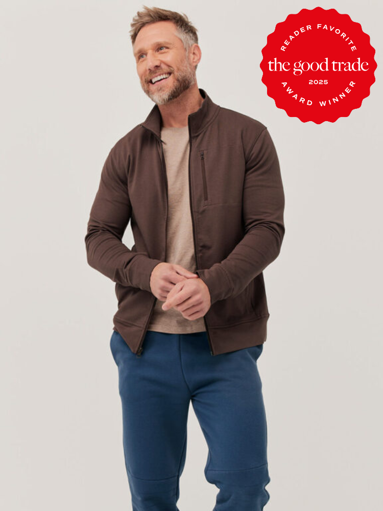 Man in brown jacket and blue pants standing, smiling. Red award badge on upper right corner reads "Reader Favorite, FashionGroomSpot, 2025 Award Winner.