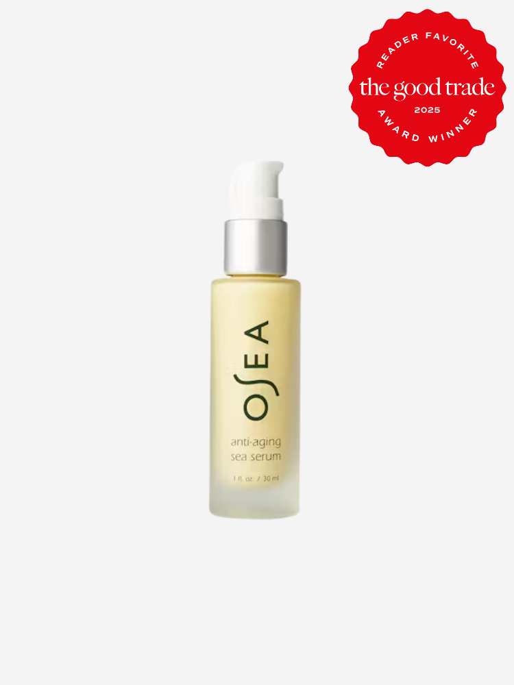 A bottle of OSEA anti-aging sea serum with a pump dispenser, labeled as a 2025 Reader Favorite award winner by FashionGroomSpot.