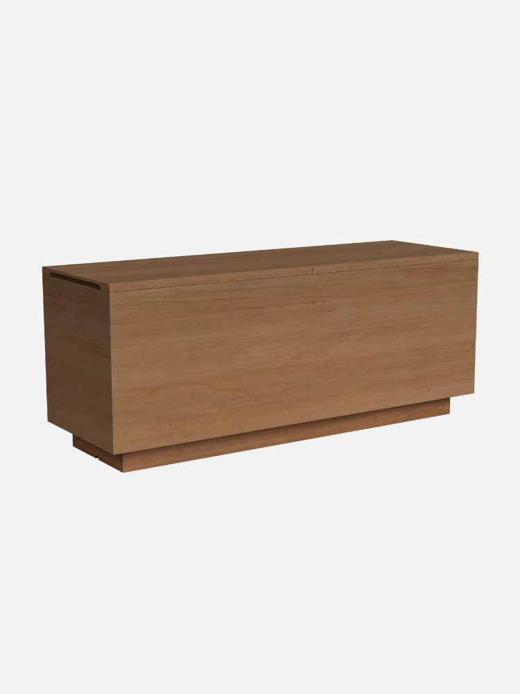 A wooden bench with a sleek, rectangular design and a smooth, light brown surface.